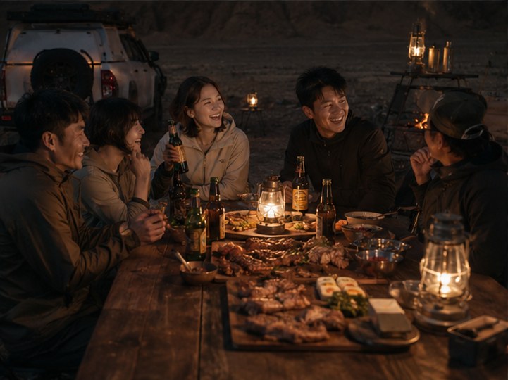 랜턴 불빛 아래 바비큐와 맥주를 나누는 원정대